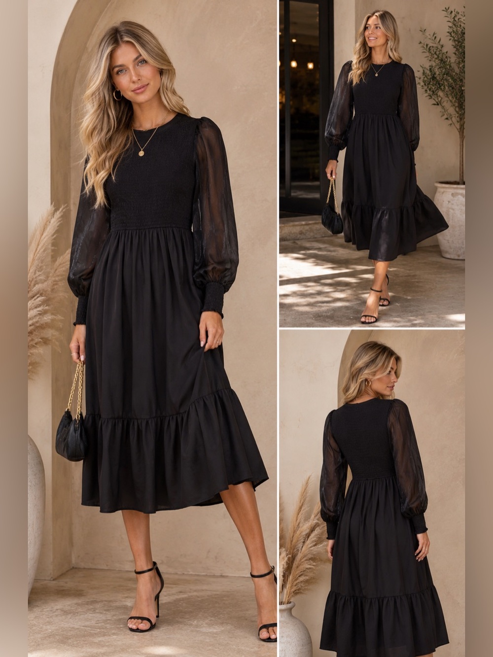 Mittoshop Black Smocked Midi Dress Sheer Sleeve Tiered Boho Size S (ptp 14-24”)